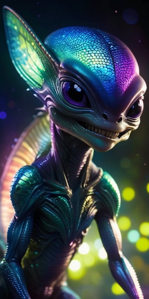 An alien infant with skin that is covered in tiny, iridescent scales that shimmer in the light. It has a mouth that stretches into a wide, toothy grin, revealing rows of tiny, sharp teeth. Its eyes are large and expressive, and they seem to twinkle with intelligence.
, 