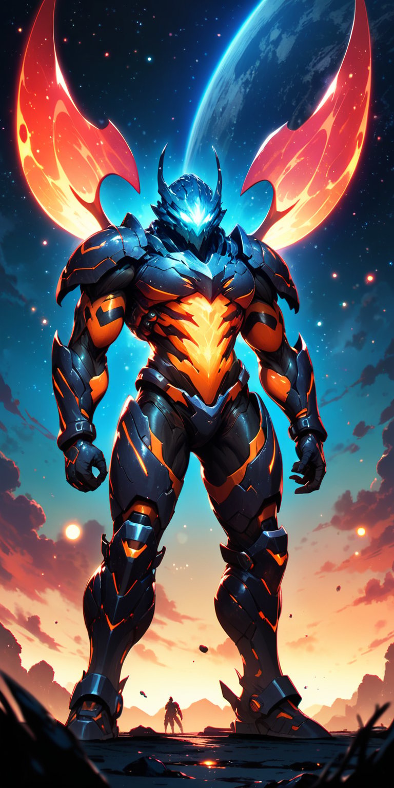 Exoplanet Hunter:An alien creature with a muscular,  armored body and multiple glowing eyes,  standing on the surface of a...