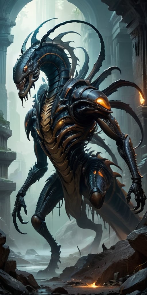 Roaming the ruins of an ancient,  alien city,  a monstrous creature with a centipede-like body and humanoid torso moves wi...