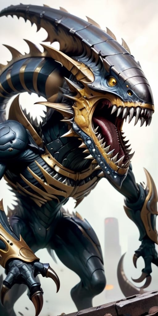 A creature with a body covered in sharp,  metallic plates that clank and clang as it moves. It has a large,  gaping maw fi...