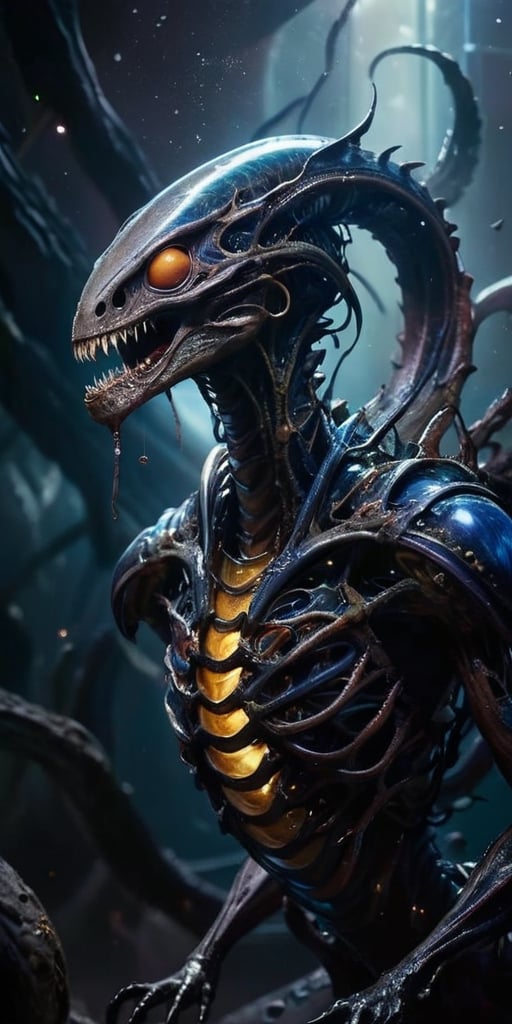 A nightmarish,  hybrid creature emerges from the shadows of a derelict spaceship,  floating in the void of space. Its body...