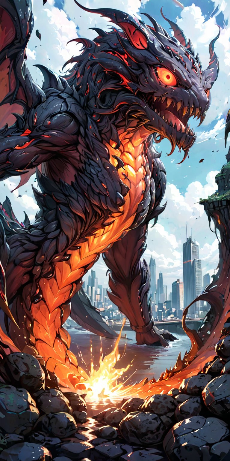 A colossal,  serpentine alien creature with glowing red eyes and a hide covered in barnacle-like growths emerges from a po...