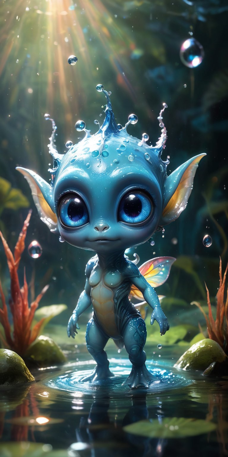 In the crystal-clear waters of an alien pond,  a baby alien with shimmering blue skin and big,  curious eyes splashes glee...