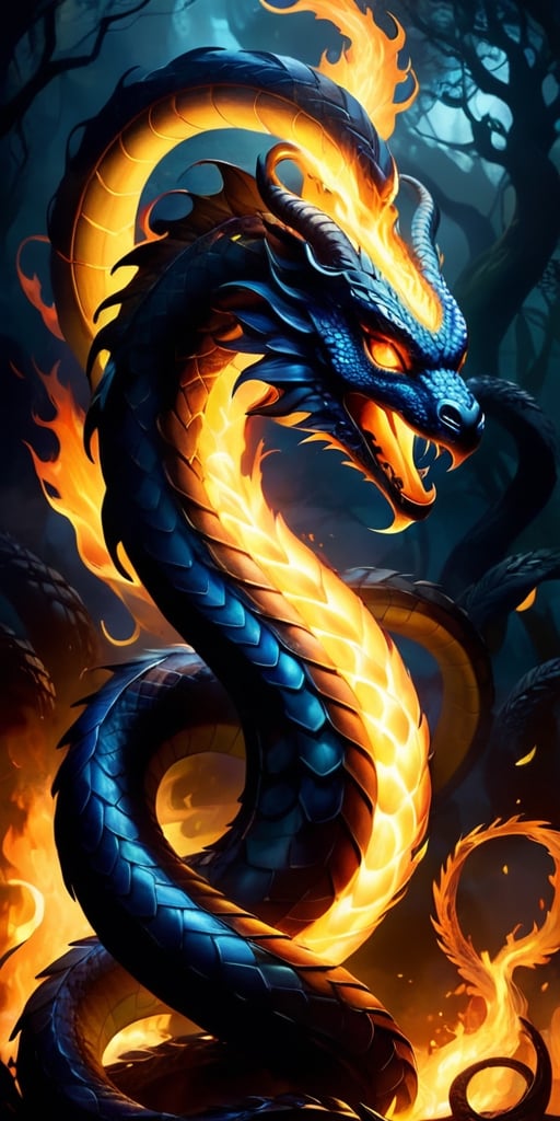 The Shadowflame Hydra A multi-headed serpent,  each head wreathed in shadowy flames,  its eyes glowing with an eerie light...