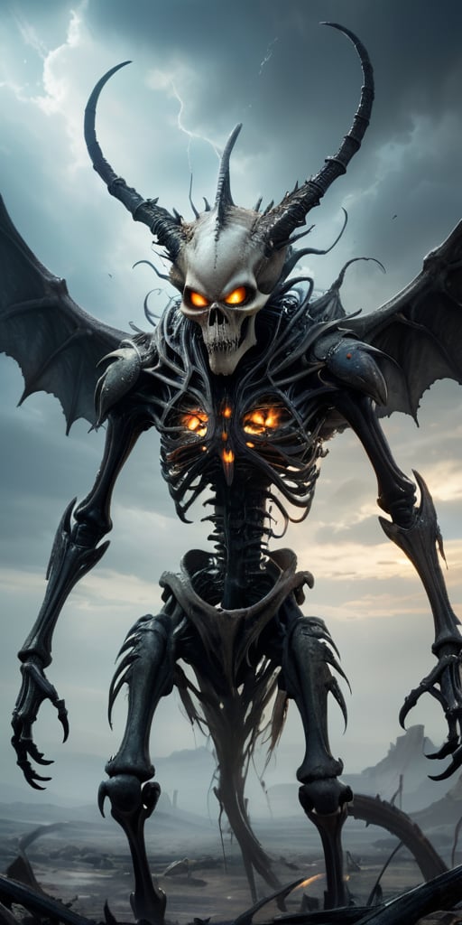 Roaming the barren,  ash-covered wasteland of a post-apocalyptic world,  a towering alien abomination with skeletal wings...