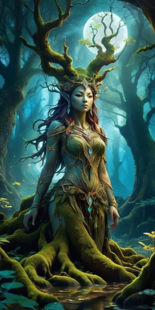 An ancient tree spirit,  its bark adorned with intricate symbols,  stands sentinel over a hidden grove bathed in moonlight...