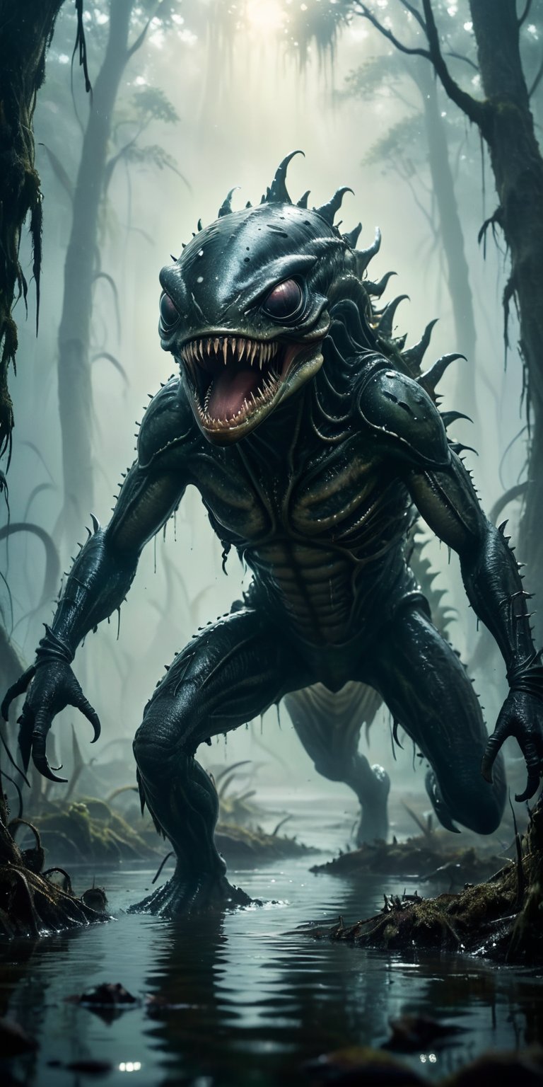 A swamp shrouded in mist hides a horrifying encounter. A leech-like alien with rows of barbed teeth lunges at a monstrous...