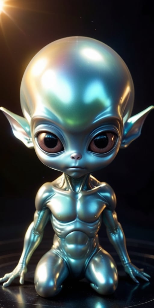 An alien infant with a smooth,  metallic skin that glints in the sunlight. It has a head that is shaped like a perfect sph...