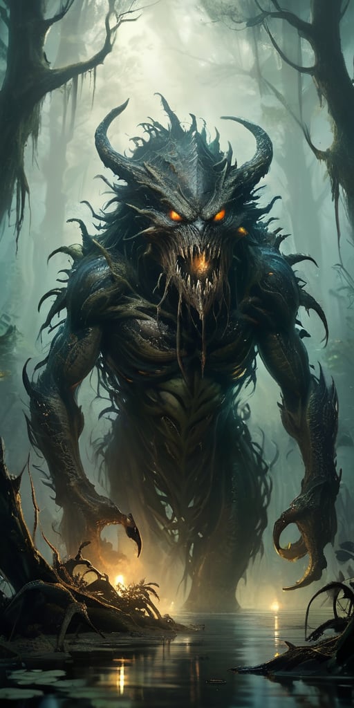 Vicious Swamp Beast A monstrous creature emerging from the murky depths of a swamp. Its body is covered in dark,  slimy sc...