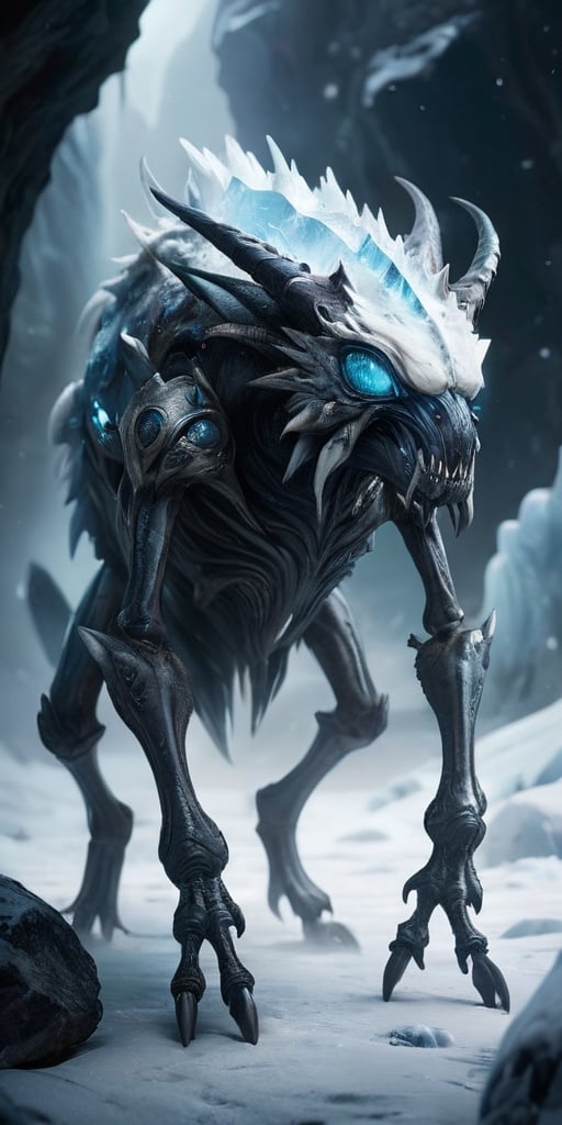 In the icy,  desolate wastelands of an alien moon,  a monstrous hybrid emerges from the frozen ground. Its body is a chill...