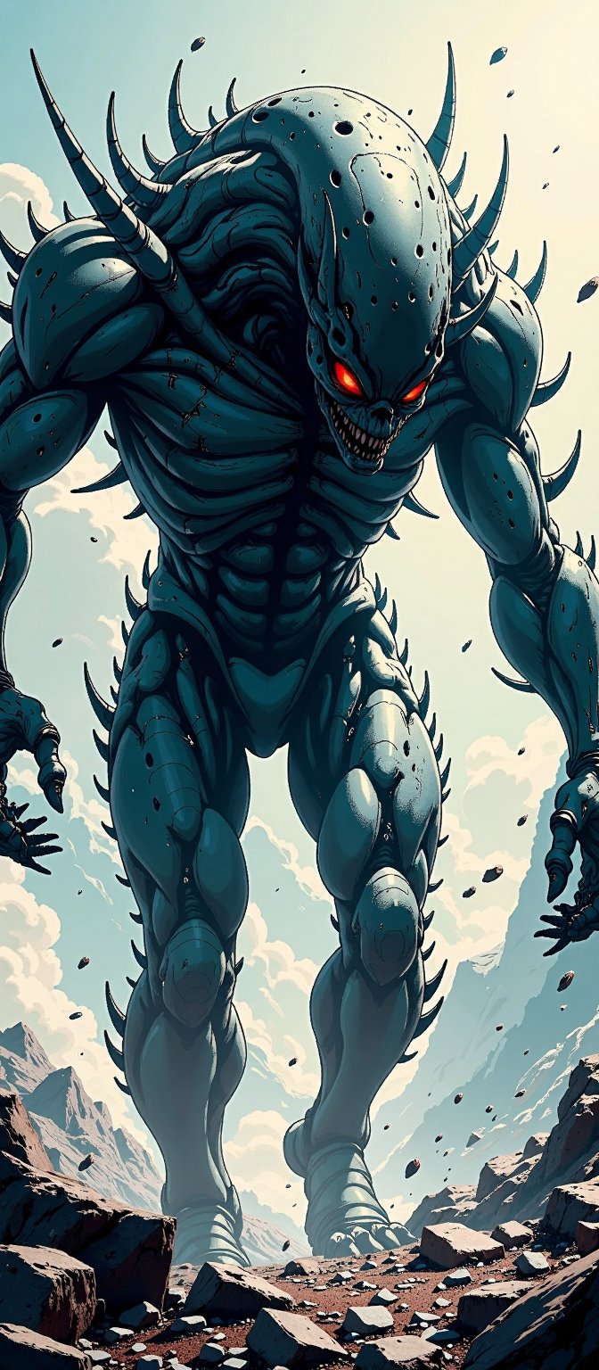 A monstrous alien with razor-sharp exoskeletons,  its flesh riddled with cybernetic implants,  stalking through the debris...