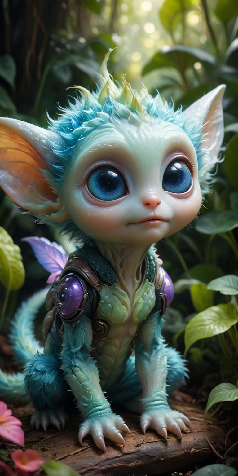 On a cozy bed of soft,  alien plants,  a baby alien with pastel-colored fur and large by Caption Master on Tensor.Art