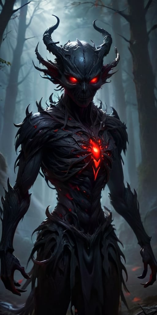 A creature that appears to be made entirely of shadow. It is humanoid in shape,  with long,  clawed fingers and glowing re...