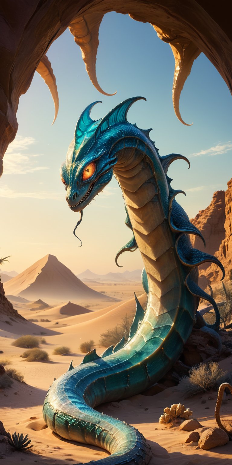 A hidden oasis shimmers in the desert heat. A serpentine alien with iridescent scales slithers towards a monstrous sandwor...