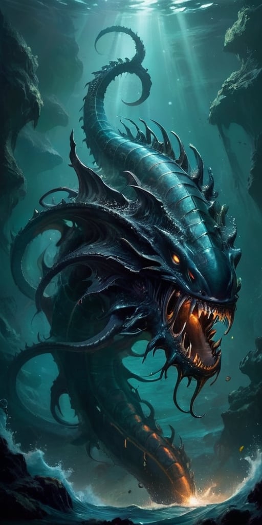 The Abyssal Leviathan Deep beneath the waves of a blackened sea,  where the waters teem with alien life forms,  swims a co...