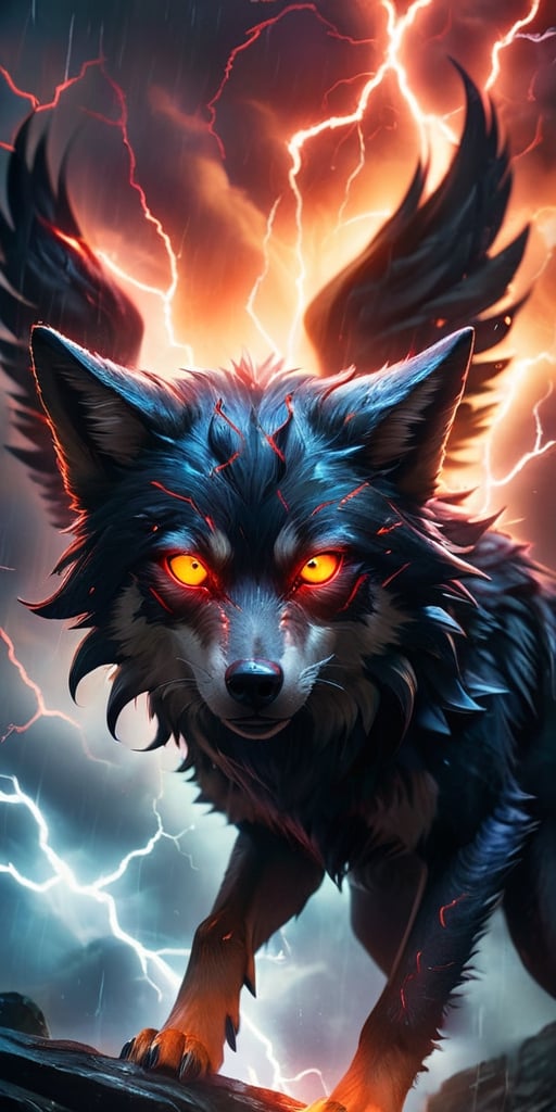 A pack of winged wolf-like creatures with glowing red eyes soar through a raging electrical storm. Their fur crackles with...
