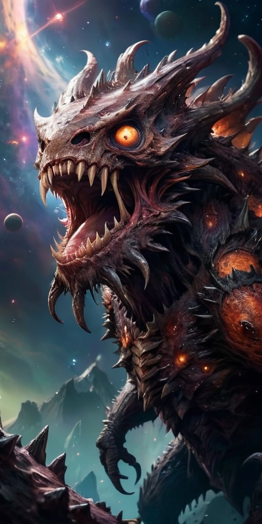 A massive,  multi-eyed behemoth with razor-sharp spines covering its body,  floating menacingly in the vastness of space b...