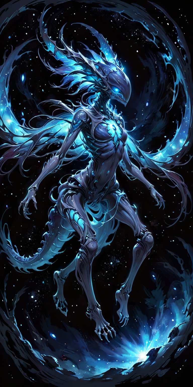 Void Stalker:A sinister alien creature with elongated limbs and a skeletal frame,  its eyes glowing a haunting blue. It fl...