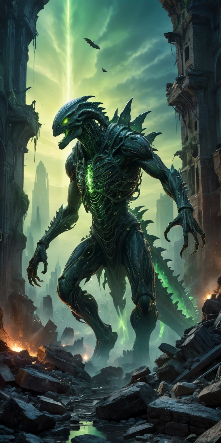 A towering alien with skeletal arms descends upon a ruined city,  its path illuminated by an unnatural green glow. A monst...