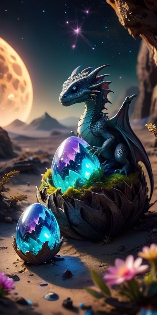 Hatchling in an Alien Nest On a barren moon's surface, a baby dragon emerges from an egg nestled in an alien nest made of glowing crystals and extraterrestrial flora. The dragon's scales reflect the light of the nearby gas giant, creating a mesmerizing display.