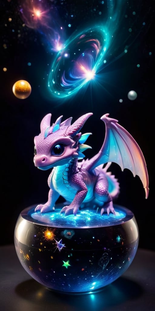 Galactic Playmate A baby dragon plays with a floating holographic projection of the solar system, swatting at the miniature planets and stars. The holographic lights cast a soft glow on its scales, making it look like a creature born of the stars themselves.