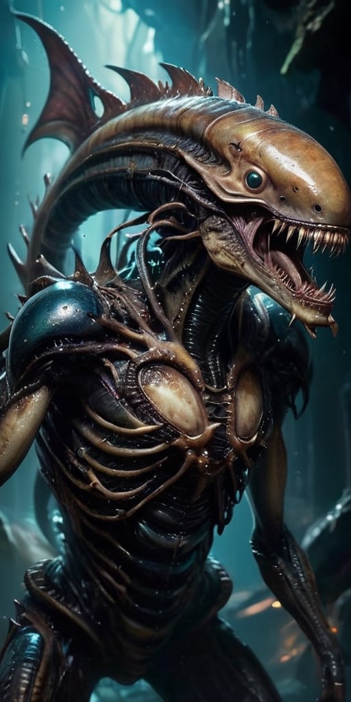 In the vast emptiness of space,  a dreadful hybrid of alien and monster drifts ominously. Its body is grotesquely elongate...