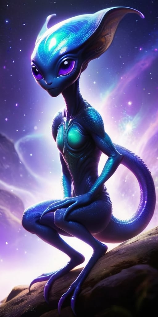 An alien infant with iridescent scales that shimmer in the sunlight. It has a long,  slender tail that it uses for balance...