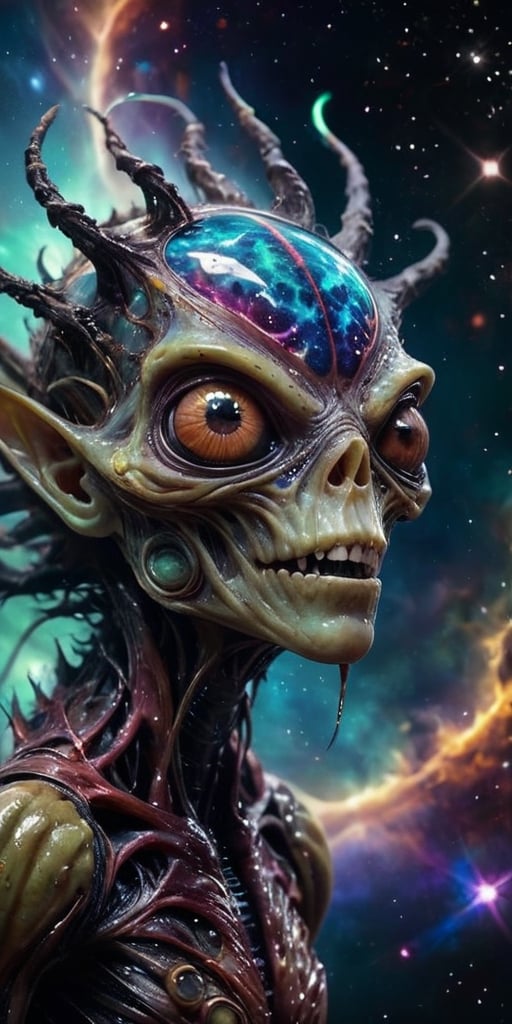 Amidst the cosmic backdrop of a distant star cluster,  a horrifying creature takes shape,  blending alien and monstrous fe...