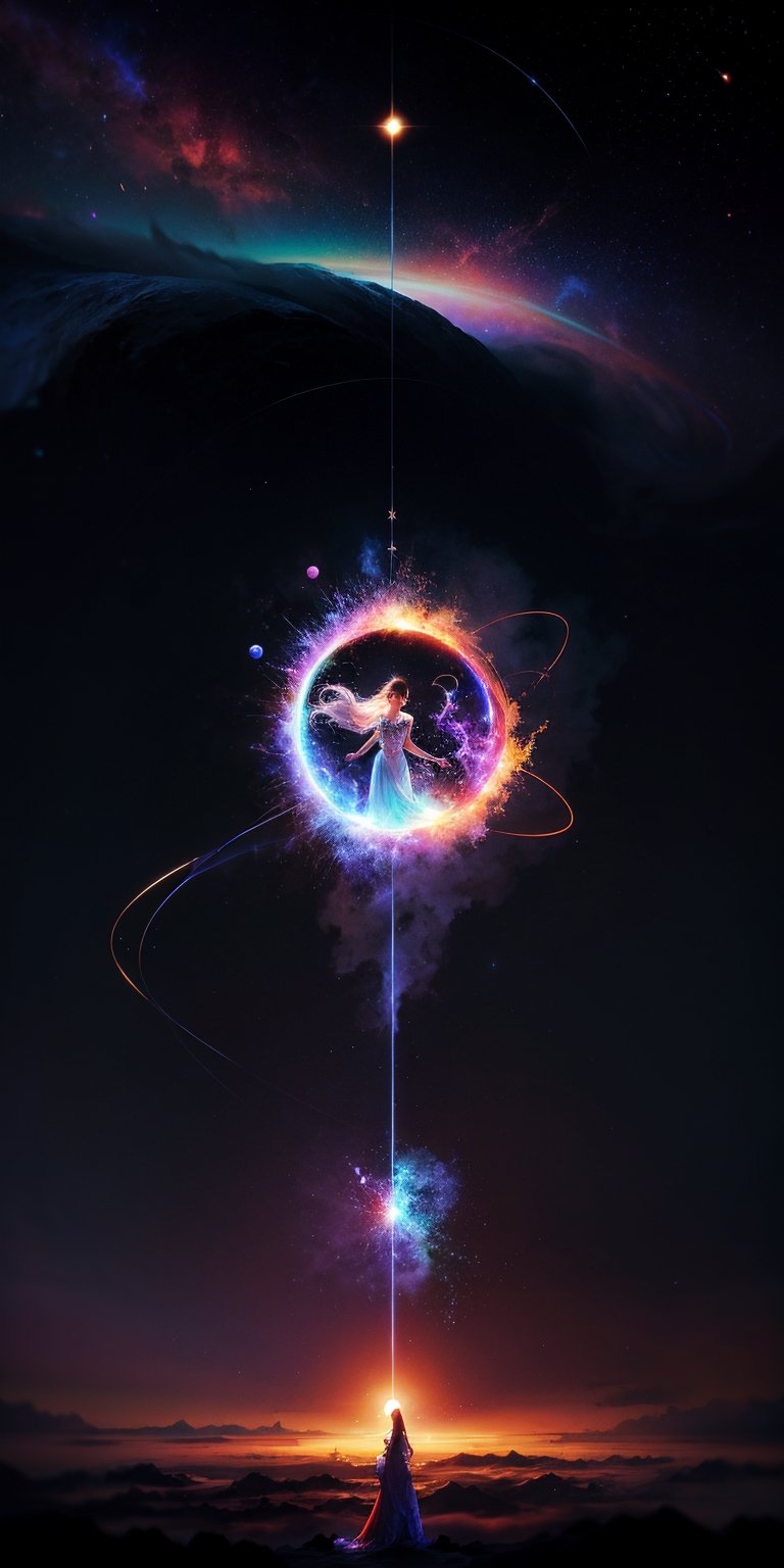 Cosmic Conductor of a Celestial Choir Soaring amidst a swirling vortex of nebulae,  her voice resonates with the primal mu...