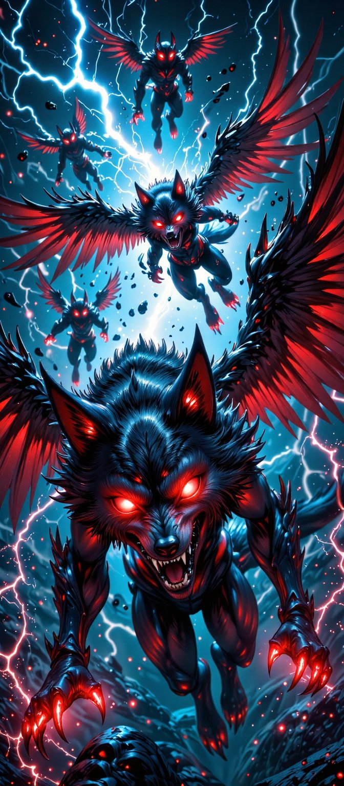 A pack of winged wolf-like creatures with glowing red eyes soar through a raging electrical storm. Their fur crackles with...