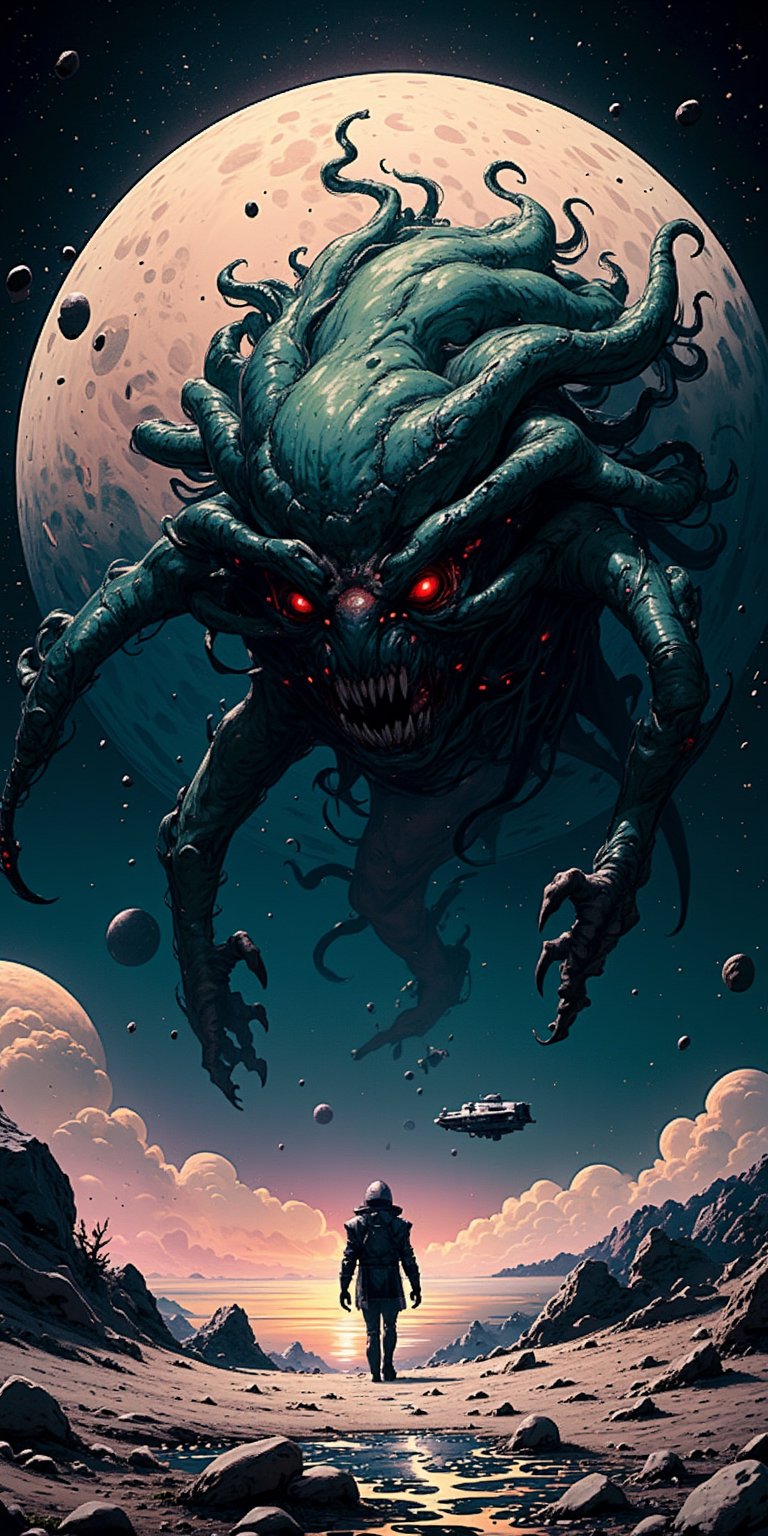 A grotesque alien-monster hybrid lurking on the su rface of a desolate moon,  its slimy tendrils writhing beneath multiple...