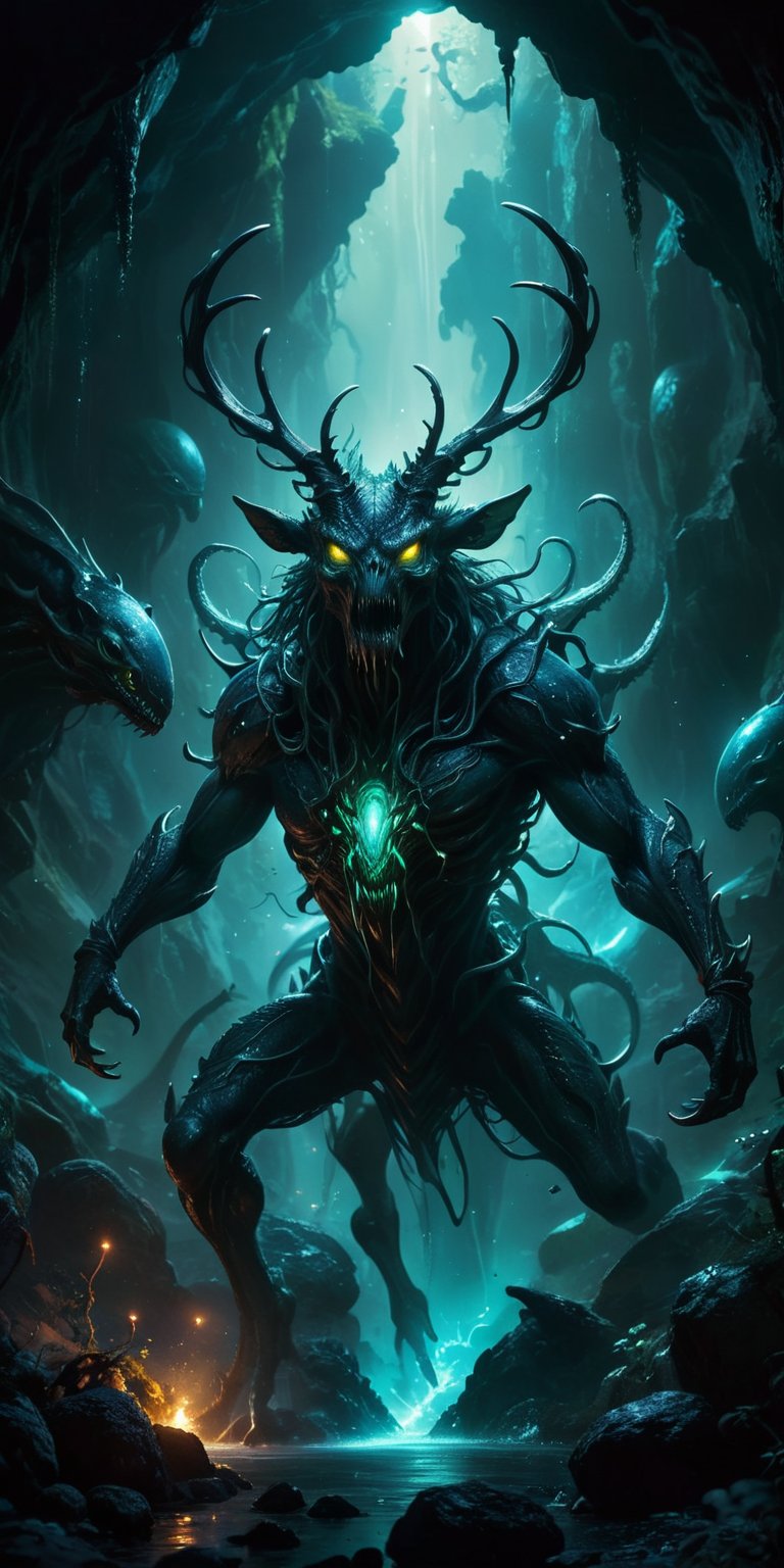 Deep within a bioluminescent cavern,  a serpentine alien with glowing eyes battles a grotesque stag with pulsating alien g...
