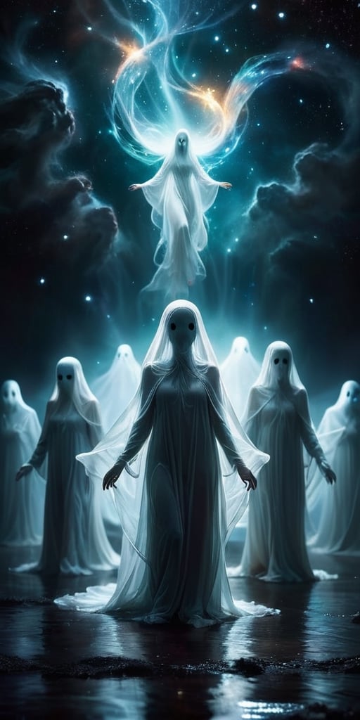 A group of ethereal,  ghost-like entities,  drifting aimlessly through space by Caption Master on Tensor.Art