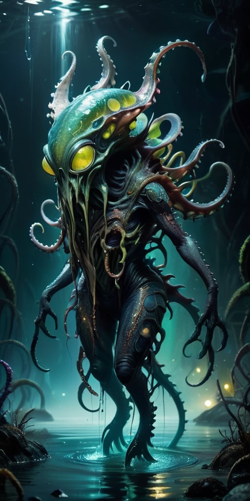 Rising from the dark waters of an alien marsh,  a nightmarish alien creature with a cephalopod-like body and reptilian lim...