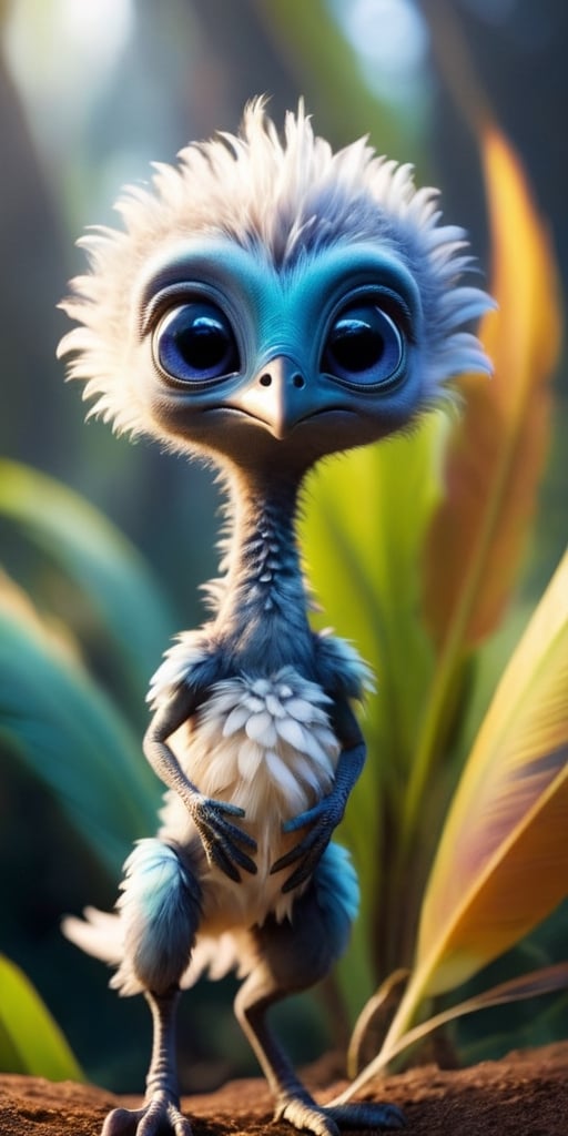A baby alien with soft,  downy feathers that cover its body. It has a long,  slender neck and a small by Caption Master on...