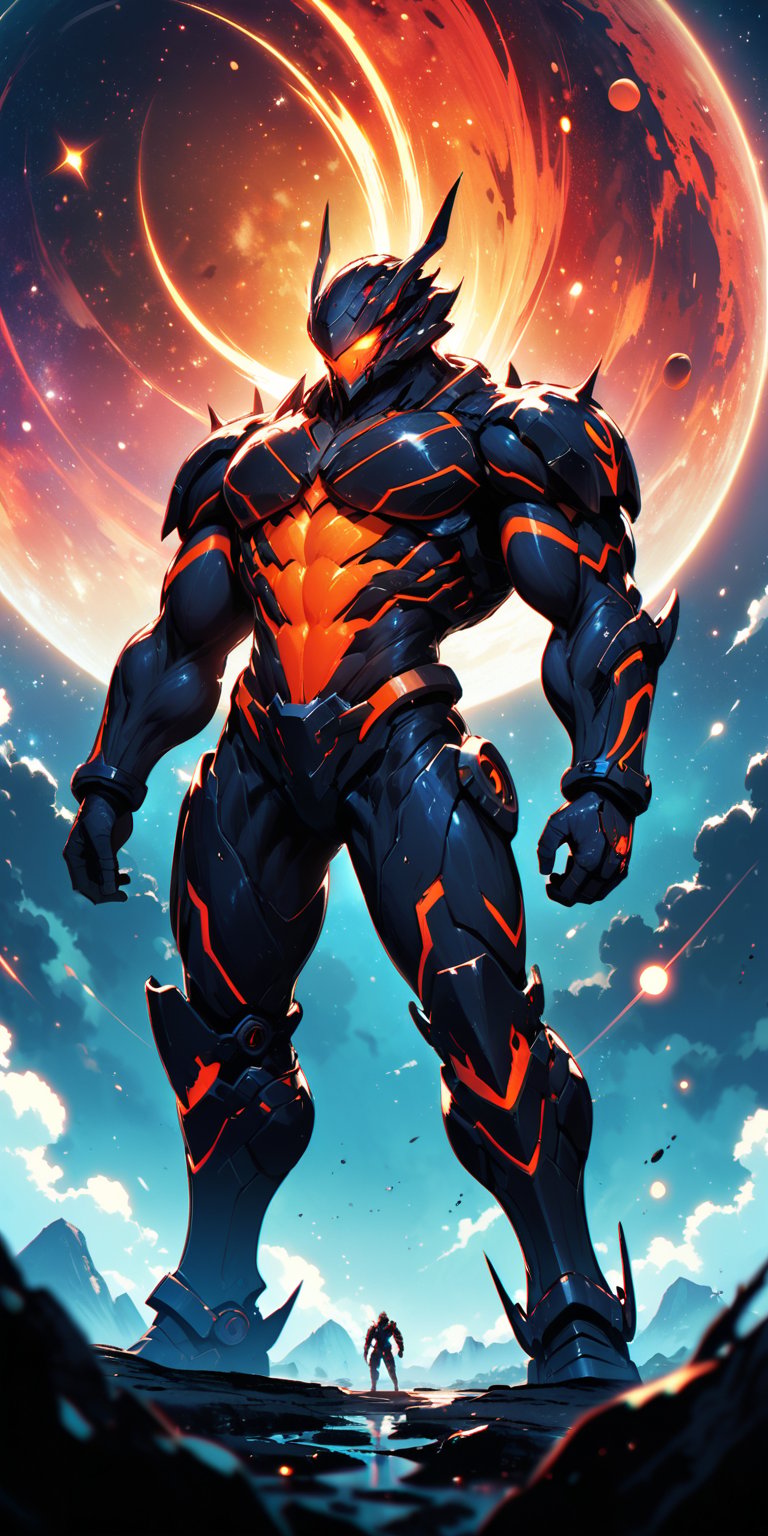 Exoplanet Hunter:An alien creature with a muscular,  armored body and multiple glowing eyes,  standing on the surface of a...