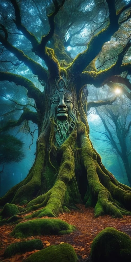 An ancient tree spirit,  its bark adorned with intricate symbols,  stands sentinel over a hidden grove bathed in moonlight...