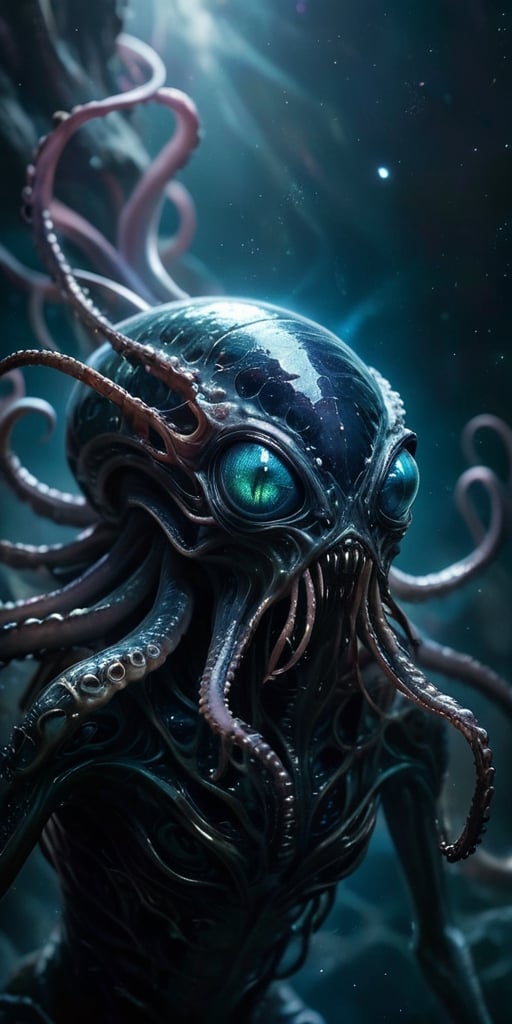 A terrifying,  alien-monster hybrid floats menacingly in the cold void of space,  its body a horrifying blend of cephalopo...