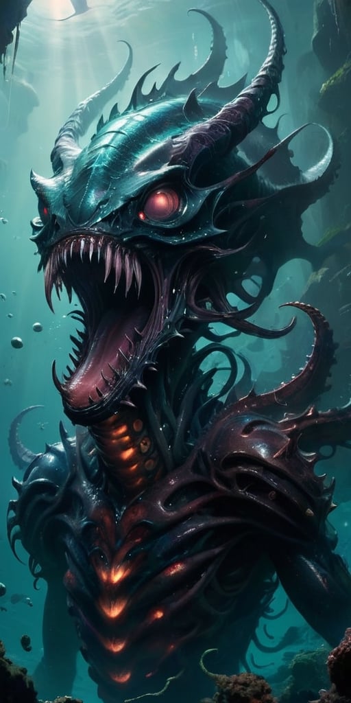 The Abyssal Leviathan Deep beneath the waves of a blackened sea,  where the waters teem with alien life forms,  swims a co...