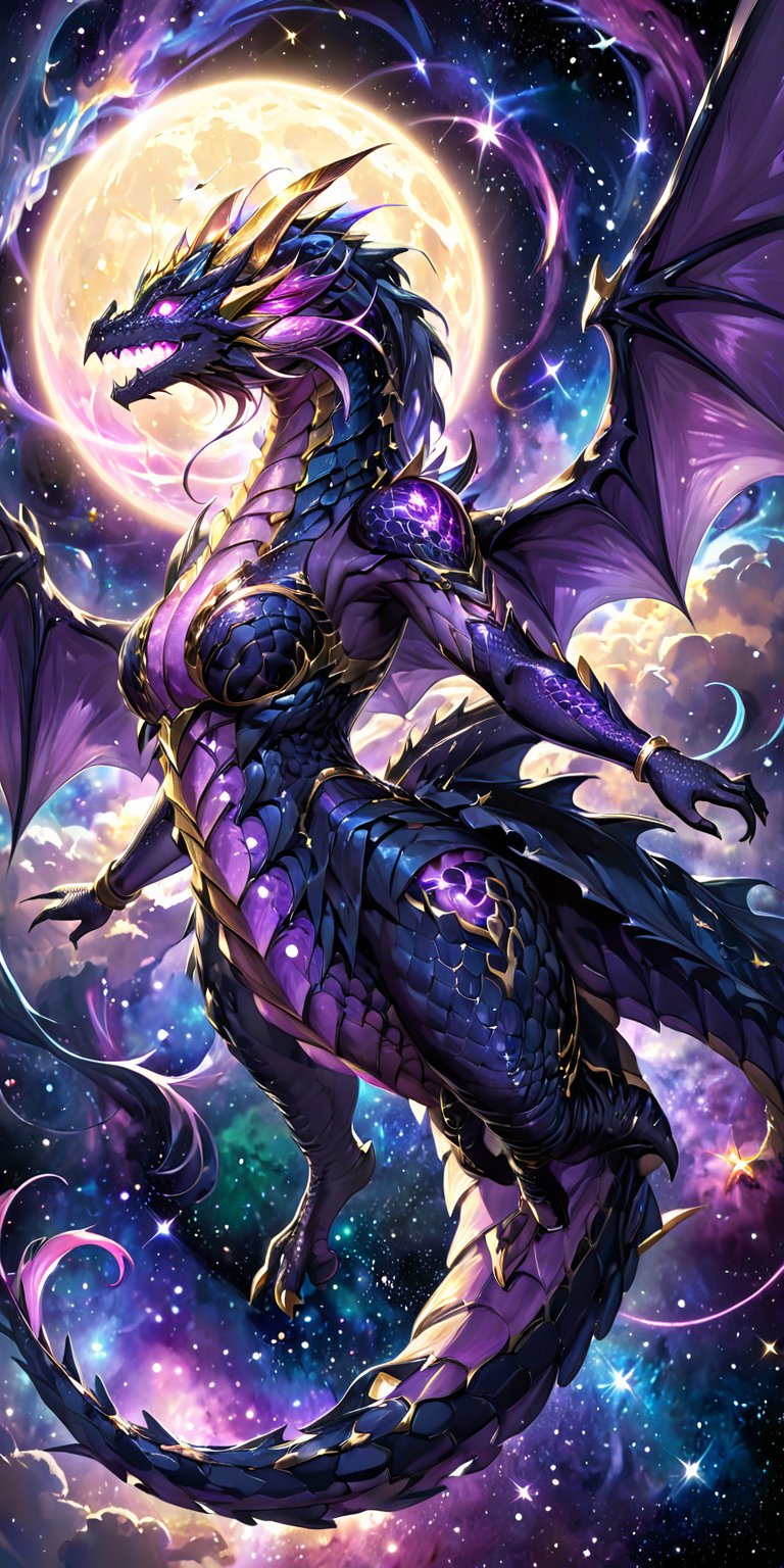 Majestic Galactic Dragon: A colossal dragon with shimmering scales of deep indigo and gold,  its wings unfurled and spanni...