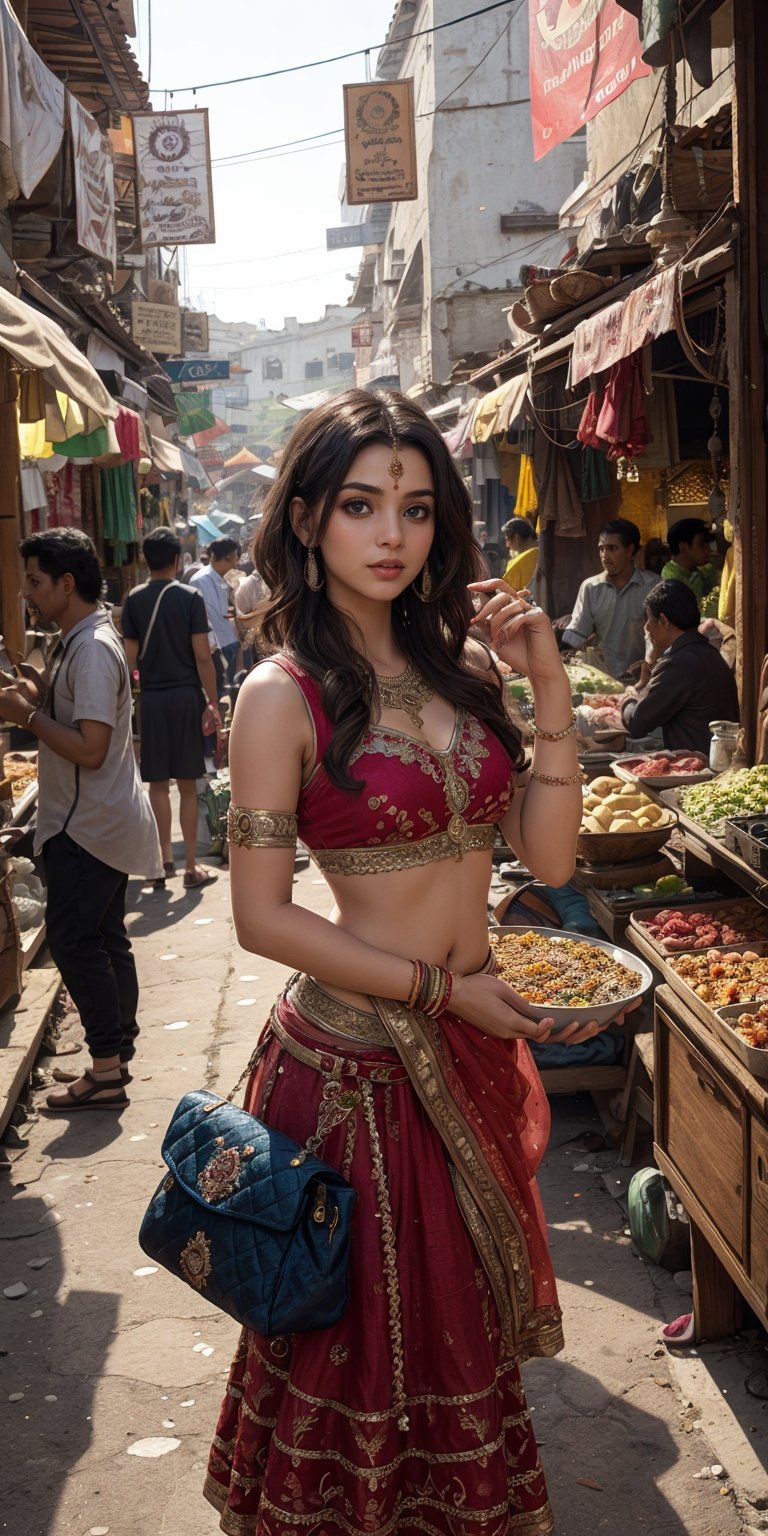 In this image,  the Indian model is depicted in a bustling marketplace,  surrounded by a riot of colors and textures. She...
