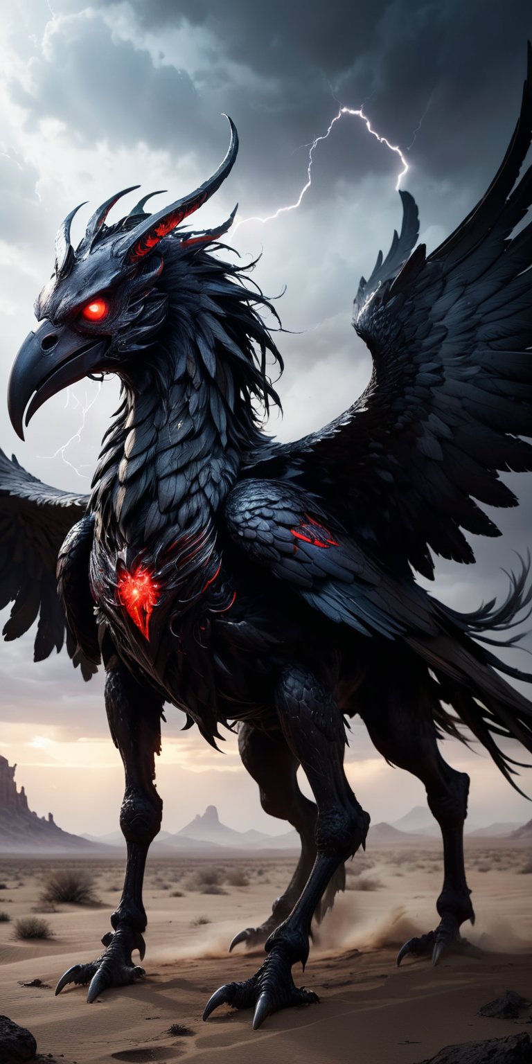 Void Walker A nightmarish creature with the body of a centaur and the head of a raven,  with glowing red eyes and a beak t...