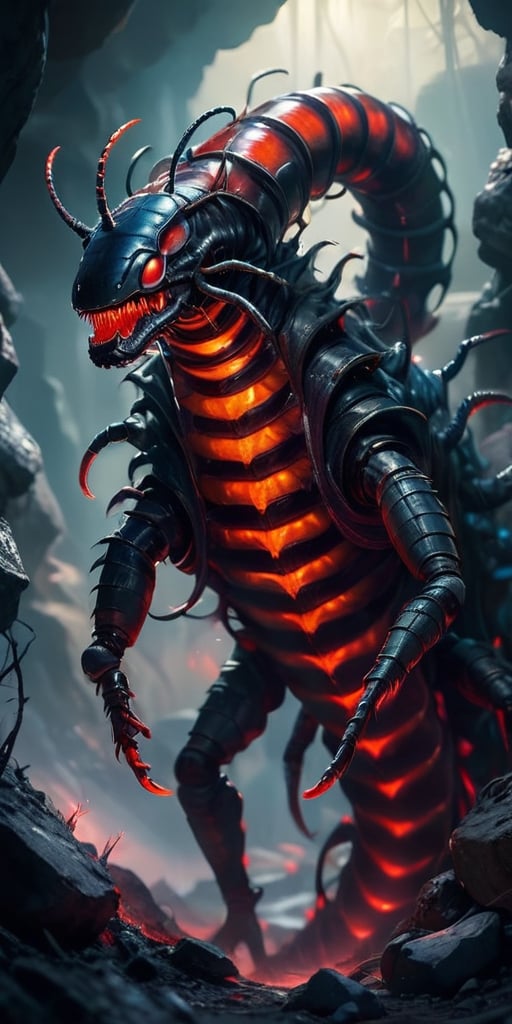 A colossal,  metallic centipede with glowing red eyes burrows through the ash of a desolate alien wasteland. Its segmented...