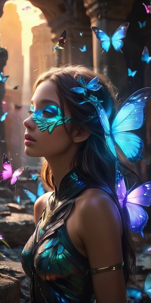 A swarm of bioluminescent butterflies with iridescent wings flutter through the ruins of an ancient alien city. Their deli...