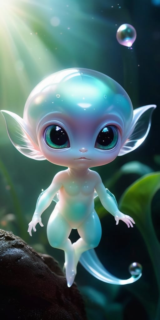 A baby alien with a transparent,  jelly-like body that pulses with a soft,  inner light. It has tiny by Caption Master on...