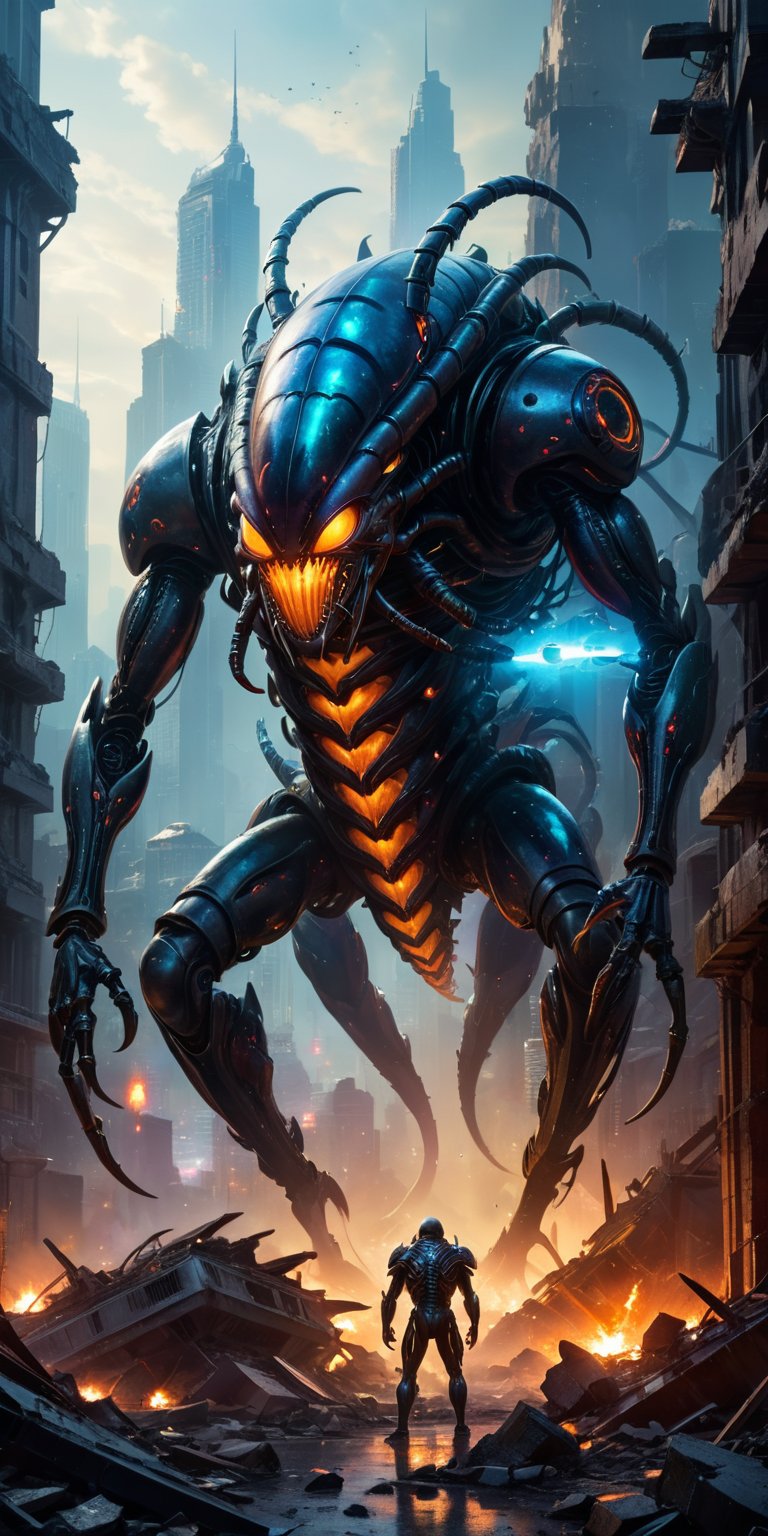 A colossal,  cyclopean alien with cybernetic enhancements stands amidst the ruins of a futuristic city. A monstrous,  meta...