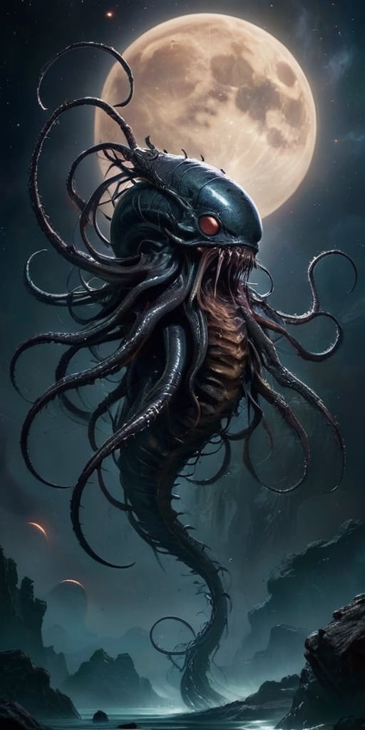 In the silent void of space,  a creature born of nightmares floats menacingly. Its form is a horrifying combination of ali...