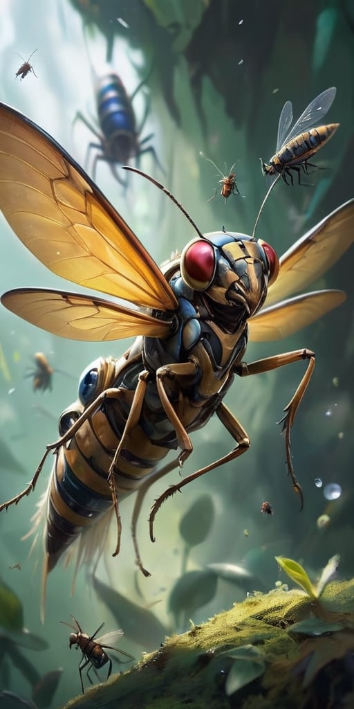 A swarm of small,  insect-like creatures with crystalline exoskeletons,  swarming around a disabled spacecraft like a clou...