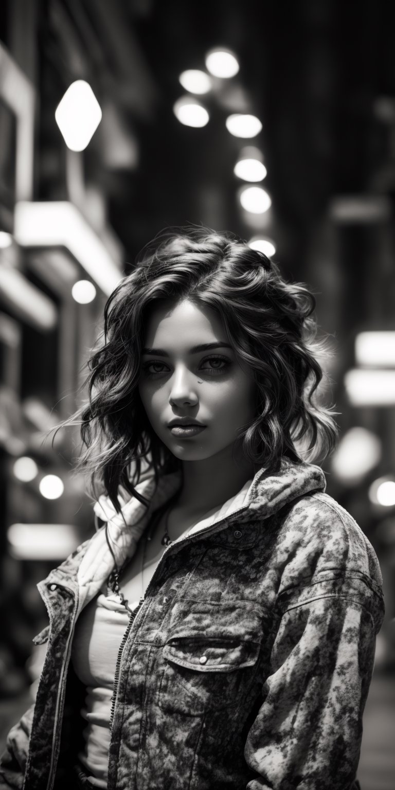 A black and white photo of a woman with short,  choppy hair and a nose ring,  bathed in the harsh light of a city street a...