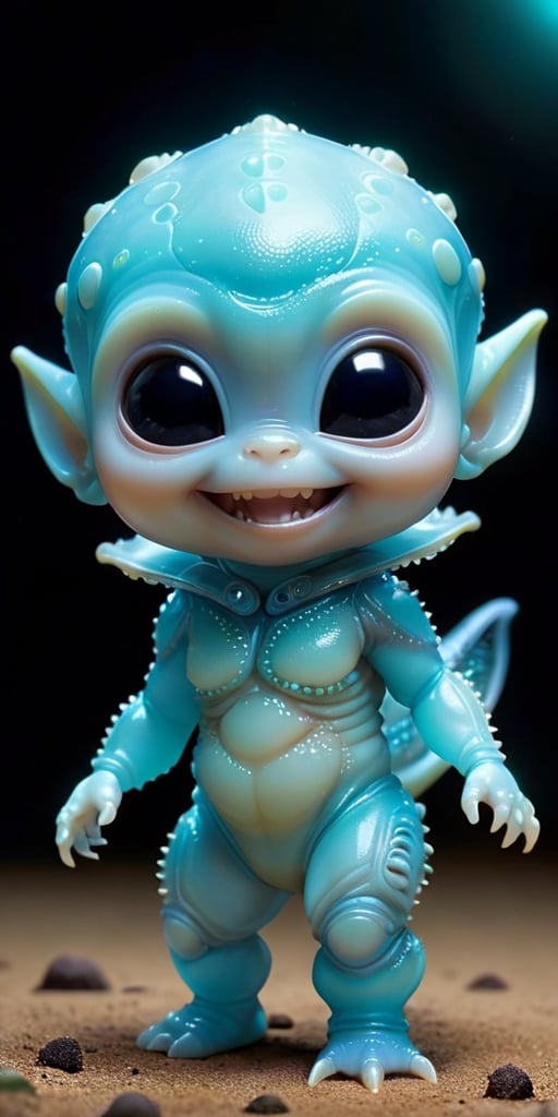 An alien infant with skin that is covered in tiny,  bioluminescent spots that glow softly in the dark. It has a round,  ch...
